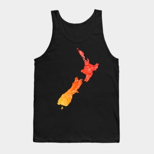 Colorful mandala art map of New Zealand with text in red and orange Tank Top